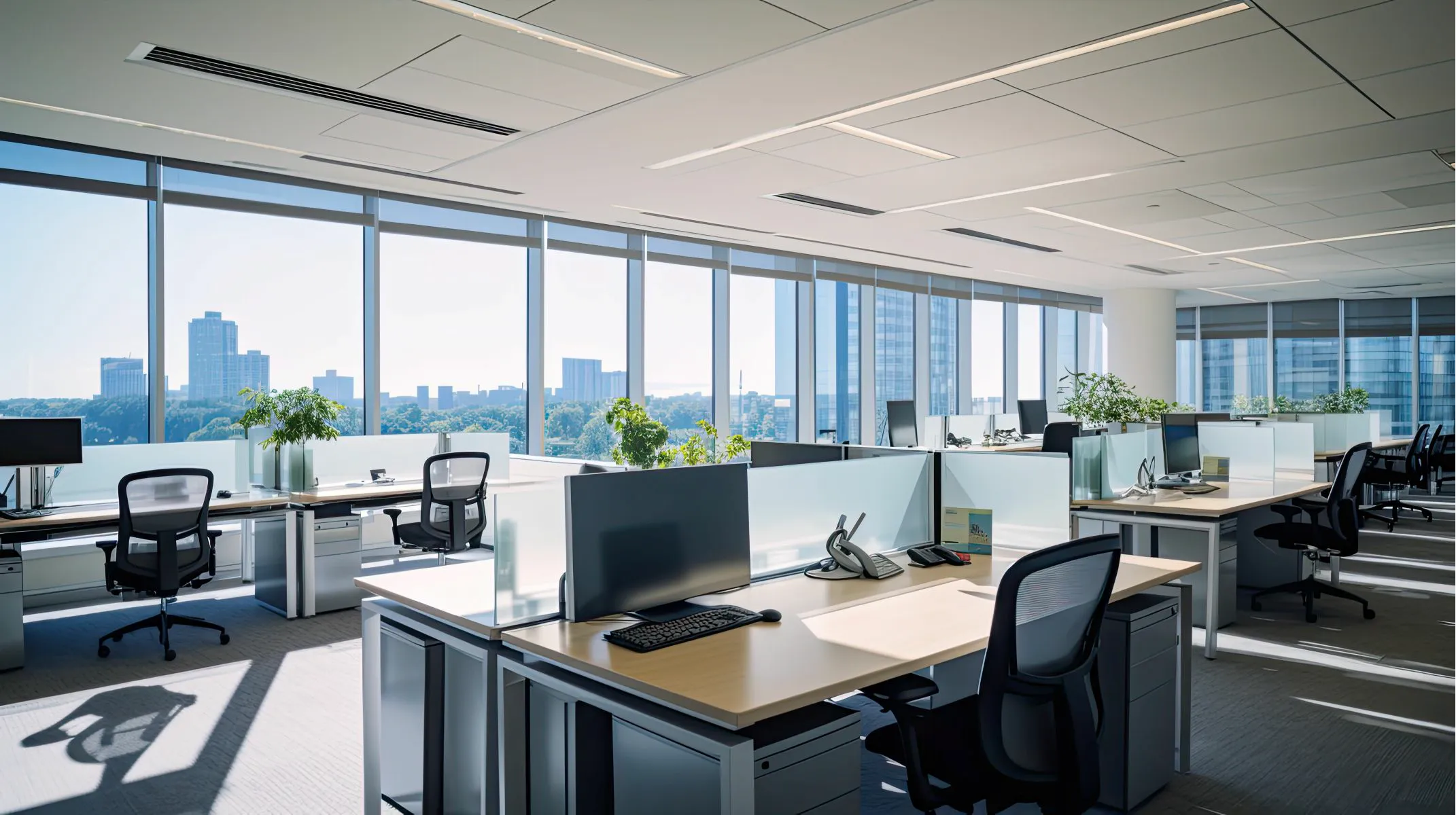 Professional office furniture installation team assembling workstations in modern office